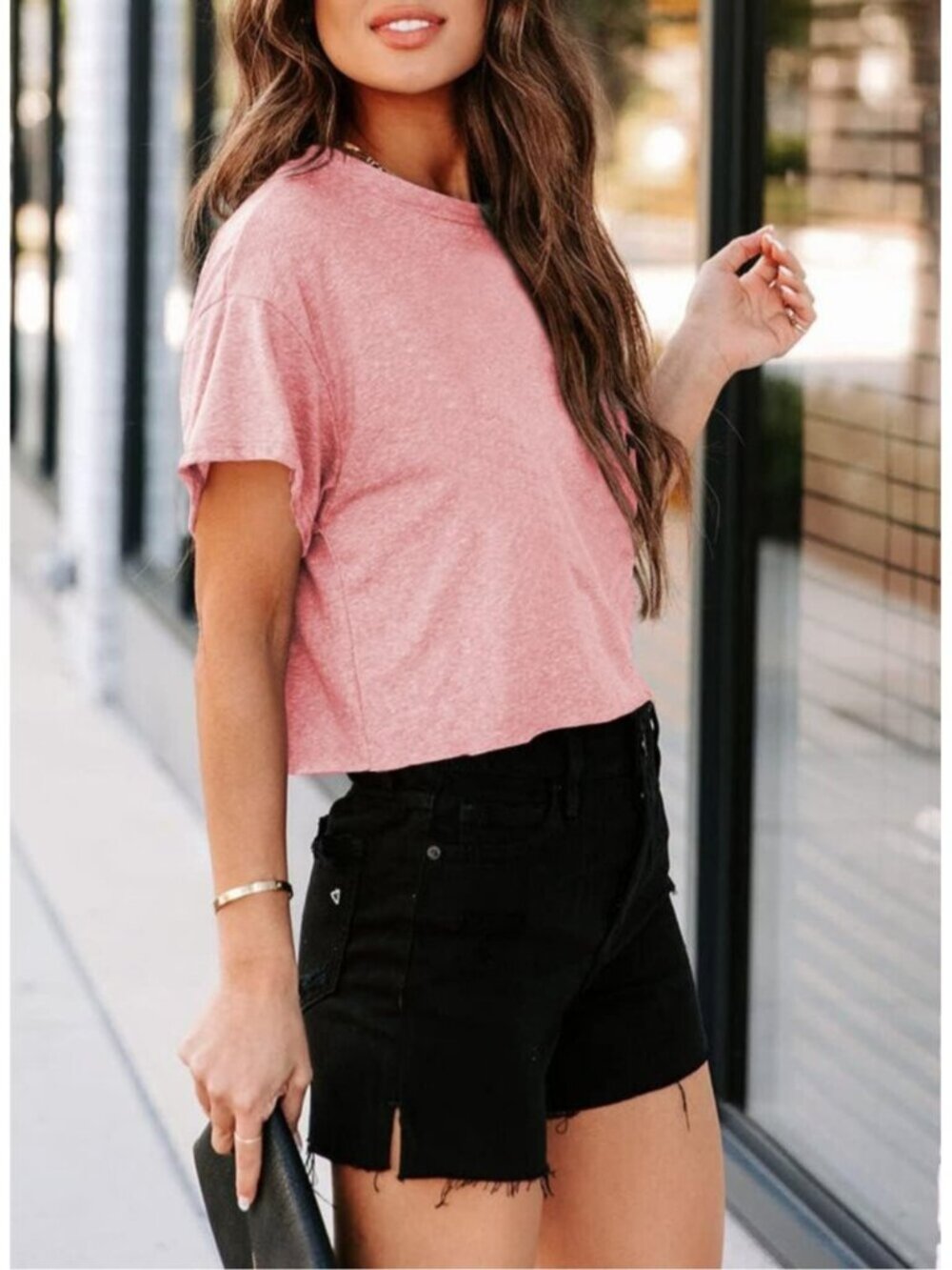 Women's Pink Short Sleeve Crew Neck Loose Casual Drop Shoulder Crop Tops - Picture 2 of 4